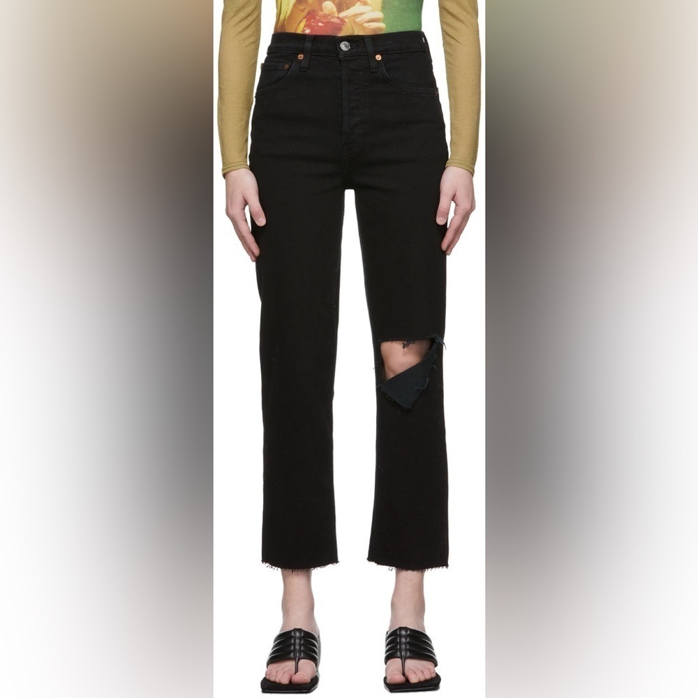 RE/DONE Black Noir Rip Knee 70's Stove Pipe High Rise Straight Leg Jeans EUC 26